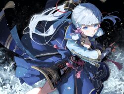 1girl arm_guards armor armored_dress ayaka_(genshin_impact) black_armor black_bridal_gauntlets blue_eyes blue_hair blue_jacket blue_skirt blunt_bangs blunt_tresses bridal_gauntlets chinese_knot cowboy_shot crest dou dress family_crest fighting_stance flower_knot genshin_impact gold_trim hand_up highres jacket japanese_armor japanese_clothes katana kusazuri long_hair long_sleeves looking_ahead medium_skirt mole mole_under_eye neck_tassel parted_lips ponytail popped_collar print_skirt ready_to_draw skirt solo sword tassel uda_(xax_057) weapon wide_sleeves