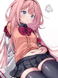 1girl absurdres black_shirt black_skirt black_thighhighs blazer blue_eyes blush bow bowtie breasts closed_mouth highres ia_1928 jacket long_hair navel nijisanji off_shoulder pink_hair plaid_bow plaid_bowtie plaid_clothes red_bow red_bowtie shirt skirt small_breasts solo squiggle suo_sango suo_sango_(1st_costume) sweater_vest thighhighs unmoving_pattern very_long_hair virtual_youtuber weight_conscious white_background zettai_ryouiki