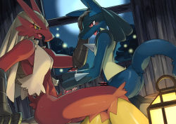 2boys blaziken blush cum erection gen_3_pokemon gen_4_pokemon handjob highres lucario male_focus multiple_boys nintendo penis pokemon pokemon_(creature) size_difference smile steam sweat tagme tail yaoi