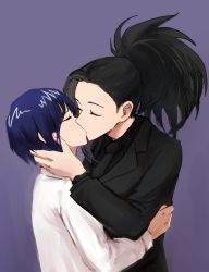 10s 2girls black_hair black_neckwear blue_hair boku_no_hero_academia business_suit clock closed_eyes couple facing_another formal_clothes hand_on_another&#039;s_back hand_on_another&#039;s_head hand_on_back hand_up height_difference high_ponytail highres hug jirou_kyouka kiss long_hair long_sleeves multiple_girls necktie ponytail shirt short_hair simple_background suit upper_body vvvmung watch wristwatch yaoyorozu_momo yuri