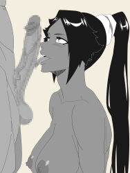 1boy 1girl bare_shoulders black_hair bleach bleach:_sennen_kessen-hen breasts censored collarbone completely_nude dark-skinned_female dark_skin fellatio greyscale highres large_breasts licking licking_penis long_hair monochrome mosaic_censoring nude penis ponytail shihouin_yoruichi simple_background suzuki_shun testicles upper_body veins veiny_penis
