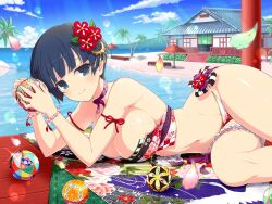 1girl architecture arm_ribbon armband ball bare_shoulders beach beach_house beach_umbrella bead_bracelet beads bench bikini blue_eyes blue_hair blunt_bangs blush bow bowl_cut bracelet breasts bush checkered_bikini checkered_bow checkered_clothes choker cleavage closed_mouth collarbone east_asian_architecture falling_petals floral_print floral_print_bikini floral_print_blanket flower frilled_thigh_strap gold green_petals groin hair_flower hair_ornament holding holding_ball horizon japanese_clothes jewelry large_breasts leaf leaf_hair_ornament lens_flare light_particles linea_alba looking_at_viewer lying mountain mountainous_horizon navel ocean official_alternate_costume official_art oil-paper_umbrella on_side palm_leaf palm_tree petals pink_flower pink_petals plant purple_choker red_flower red_ribbon ribbon rug senran_kagura senran_kagura_new_link senran_kagura_shinovi_versus shiny_skin short_hair sideboob smile solo sparkle sunlight swan_print swimsuit tassel thigh_strap tree umbrella waist_bow water yaegashi_nan yozakura_(senran_kagura)
