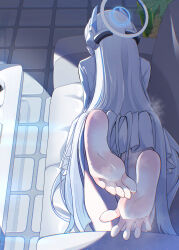 1girl absurdres barefoot blue_archive couch feet from_behind highres long_hair lying noa_(blue_archive) on_stomach shiraae_quartet soles steam toes white_hair