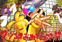 Rule 34 | 1girl, 2boys, blush stickers, dark-skinned male, dark skin, gholdengo, gimmighoul, gimmighoul (chest), gimmighoul (roaming), grey hair, hair rings, heart, highres, hikabuu, lear (pokemon), lear (sygna suit) (pokemon), multicolor-tinted eyewear, multiple boys, nintendo, official alternate costume, open mouth, pokemon, pokemon (creature), pokemon masters ex, purple hair, rachel (pokemon), red-tinted eyewear, sawyer (pokemon masters ex), sleeves past fingers, sleeves past wrists, sparkle, sunglasses, tinted eyewear, treasure chest