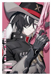Rule 34 | 1boy, black hair, black hat, black jacket, boothill (honkai: star rail), fedora, grey eyes, gun, hair over one eye, hand up, handgun, hat, highres, holding, holding gun, holding weapon, honkai: star rail, honkai (series), jacket, looking at viewer, male focus, mole, mole under eye, multicolored hair, revolver, rj (lingshih10), smile, solo, two-tone hair, upper body, weapon, white hair