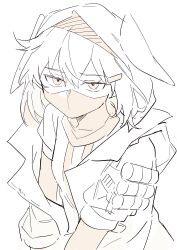1girl absurdres animal_ear_hood arknights breasts coat crownslayer_(arknights) dopperu_ben fake_animal_ears hair_between_eyes highres hood hooded_coat hyena_ears hyena_girl looking_at_viewer mask medium_breasts medium_hair monochrome mouth_mask open_clothes open_coat short_sleeves sketch solo