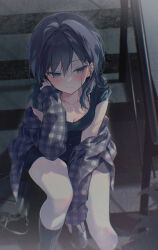 1girl arm_between_legs artist_name bag black_bag black_bra black_hair black_skirt black_socks blue_eyes blue_shirt blush bra bra_strap breasts can cleavage closed_mouth clothes_down collarbone commentary_request ear_piercing earrings feet_out_of_frame from_above furrowed_brow grey_shirt hair_between_eyes hair_intakes hair_over_shoulder hand_in_own_hair hand_up handbag handrail holding holding_can jewelry knee_up kneehighs light_particles long_sleeves medium_breasts medium_hair miniskirt mole mole_under_eye necklace open_clothes open_shirt original parted_bangs piercing plaid_clothes plaid_shirt railing shirt short_sleeves silltare sitting sitting_on_stairs skirt sleeves_past_wrists socks solo stairs underwear