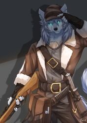 1boy absurdres animal_ears blue_eyes brown_hat brown_jacket claws closed_mouth commentary english_commentary fate/grand_order fate_(series) fingerless_gloves fur-trimmed_jacket fur_trim furry furry_male gloves glowing glowing_eyes grey_fur grey_hair gun hand_on_headwear hat highres holding holding_gun holding_weapon jacket looking_at_viewer male_focus notched_ear patxi_(fate) putai22 signature tail weapon wolf_boy wolf_ears wolf_tail
