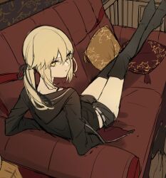 1girl absurdres artoria_pendragon_(fate) black_jacket black_ribbon black_shorts blonde_hair closed_mouth commentary_request couch crossed_legs expressionless fate/grand_order fate_(series) hair_between_eyes hair_ribbon highres hood hood_down hooded_jacket indoors jacket long_sleeves looking_at_viewer maririri111 official_alternate_costume on_couch pillow ponytail ribbon saber_alter saber_alter_(ver._shinjuku_1999) shinjuku_(fate/grand_order) short_shorts shorts sitting solo