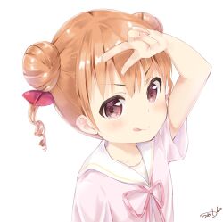 1girl blush brown_hair child commentary double_bun hair_bun hair_ribbon hand_up highres looking_at_viewer mearian neck_ribbon original pink_eyes pink_ribbon pink_shirt red_ribbon ribbon sailor_collar shirt short_sleeves signature simple_background solo tongue tongue_out upper_body v v-shaped_eyebrows white_background white_sailor_collar