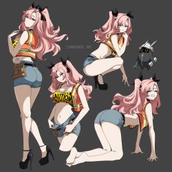 1girl absurdres all_fours alternate_costume artist_name ass bangboo_(zenless_zone_zero) barefoot breasts caution_tape clenched_teeth commentary cropped_legs cropped_vest denim denim_shorts english_commentary feet full_body green_background green_eyes grin hair_ornament half-closed_eyes helmet high-visibility_clothing high-visibility_vest high_heels highres inkspirate large_breasts long_hair looking_at_viewer multiple_views navel nicole_demara orange_vest pink_hair platform_heels ribbon shorts simple_background smile soles squatting standing stiletto_heels teeth thighs toes twitter_username twitter_x_logo vest zenless_zone_zero