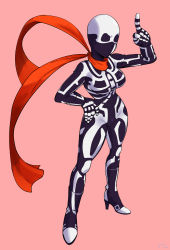 Rule 34 | 1girl, absurdres, black bodysuit, bodysuit, boots, facing viewer, female focus, fighting ex layer, full body, genderswap, genderswap (mtf), hand on own hip, high heels, highres, index finger raised, long scarf, mask, pink background, red scarf, scarf, simple background, skeleton print, skullomania, snk heroines: tag team frenzy, solo, unknownid, zentai