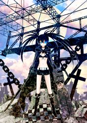 Rule 34 | 1girl, absurdres, arm cannon, belt, bikini, black hair, black rock shooter, black rock shooter (character), black shorts, blue eyes, boots, building, chain, flaming eye, front-tie bikini top, front-tie top, glowing, glowing eye, highres, long hair, mitsuki aria, rock cannon, scar, shorts, solo, swimsuit, sword, twintails, uneven twintails, weapon