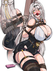 1girl absurdres ahoge arms_behind_back ass ball_gag bdsm blush bondage bound breasts crotch_rope drooling fingerless_gloves gag gagged gloves high-waist_shorts highres huge_breasts kneeling long_hair mole mole_on_breast rope sex_toy shorts single_thighhigh skindentation sweat thigh_strap thighhighs vibrator vibrator_under_clothes white_hair yellow_eyes yixuan_(zenless_zone_zero) yuy zenless_zone_zero