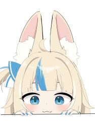 1girl :3 absurdres ahoge animal_ear_fluff animal_ears blonde_hair blue_eyes blue_hair blue_nails blunt_bangs blush fang fish_girl highres indie_virtual_youtuber multicolored_hair one_side_up paper_boat peeking_out sameko_saba sidelocks simple_background snmdx solo streaked_hair virtual_youtuber white_background