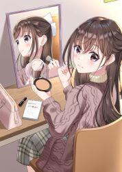 Rule 34 | 1girl, applying makeup, applying own makeup, bag, blush, bow, brown cardigan, brown eyes, brown hair, cable knit, cardigan, chair, closed mouth, commentary request, cosmetics, crossed bangs, fingernails, green skirt, hair between eyes, hair bow, half updo, handbag, highres, holding, holding brush, holding makeup brush, holding makeup palette, hominotsu, indoors, lipstick tube, long bangs, long hair, long sleeves, looking at viewer, makeup brush, mirror, notebook, on chair, original, plaid clothes, plaid skirt, reflection, sitting, skirt, solo, straight hair, sweater, turtleneck, turtleneck sweater, wavy mouth, white bow, yellow sweater