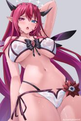 1girl arm_behind_head asymmetrical_wings bikini black_horns black_wings breasts cameltoe commentary commission cowboy_shot double_halo english_commentary grey_background halo highres hololive hololive_english horns irys_(hololive) large_breasts long_hair multicolored_hair navel nipples paid_reward_available purple_eyes purple_hair red_hair see-through_bikini see-through_clothes seraphim_throne simple_background solo star_halo streaked_hair sweat swimsuit two-tone_hair very_long_hair virtual_youtuber wet_bikini white_bikini white_wings wings