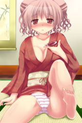 1girl :o alcohol bad_feet bad_id bad_pixiv_id barefoot bow bow_panties breasts cameltoe cleavage cup drunk fat_mons feet female_focus hanging_scroll hidamari_sketch hiro_(hidamari_sketch) japanese_clothes kimono kuriki_(chestnut_tree) large_breasts obi open_mouth panties sakazuki sake sash scroll short_hair sitting solo striped_clothes striped_panties tatami toes underwear