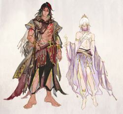 2boys anklet arabian_clothes armlet asura_(onmyoji) bare_shoulders barefoot black_hair bracelet closed_mouth dark-skinned_male dark_skin detached_sleeves earrings full_body hair_between_eyes highres holding jewelry long_hair looking_at_viewer male_focus midriff mouth_veil multicolored_hair multiple_boys navel onmyoji pants pectorals see-through_clothes short_hair simple_background standing taishakuten_(onmyoji) tattoo toned toned_male two-tone_hair veil white_hair wide_sleeves yellow_eyes yinzinmiemie