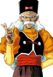 1boy absurdres black_vest brown_pants cowboy_shot dr._gero_(dragon_ball) dragon_ball dragonball_z earrings facial_hair highres jewelry long_hair male_focus mustache no_eyebrows orange_shirt pants shirt silverwoodwork simple_background solo vest white_background white_hair