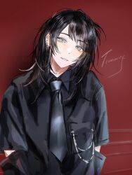 1girl bang_dream! bang_dream!_it&#039;s_mygo!!!!! black_hair black_necktie black_shirt blue_eyes detached_sleeves ear_piercing feiyu30903448 highres looking_at_viewer necktie okada_mei open_mouth photo-referenced piercing red_background shirt solo upper_body yahata_umiri
