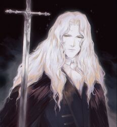 1boy alucard_(castlevania) ascot black_cape black_coat blonde_hair cape castlevania:_nocturne castlevania_(series) closed_mouth coat dhampir half-human highres itssoikamadudes looking_at_viewer male_focus shirt solo sword undead vampire weapon white_shirt yellow_eyes