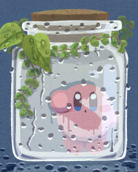blue_eyes blush_stickers condensation highres in_container in_jar jar kirby kirby_(series) leaf miclot nintendo no_humans open_mouth plant rain vines water_drop wiping
