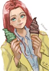 christina_mackenzie coat collared_shirt food green_eyes gundam gundam_0080 highres ice_cream_cone long_hair looking_at_viewer okrdisk2000 popsicle red_hair shirt white_background white_shirt yellow_coat