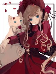 1girl blonde_hair blue_eyes bonnet cat dress frilled_bonnet frills highres looking_at_viewer red_bonnet red_dress rozen_maiden shinku solo twice12314 white_background