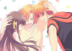 1boy 2girls black_hoodie blush brown_hair closed_eyes fruits_basket highres honda_kyouko honda_tooru hood hood_down hoodie hug long_hair mother_and_daughter multicolored_hoodie multiple_girls nijika_(key_628194) orange_hair orange_shirt pink_tank_top red_hoodie shirt short_hair short_sleeves smile sohma_kyou tank_top teeth white_background