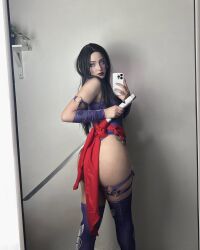 1girl animated ass black_hair bouncing_ass cosplay curvy female_focus ghostidoll highleg highleg_leotard highres huge_ass indoors leotard lying marvel marvel_rivals on_side psylocke psylocke_(cosplay) psylocke_(marvel_rivals) purple_leotard purple_thighhighs real_life revealing_clothes selfie smile solo thick_thighs thighhighs thighs thong_leotard wide_hips x-men