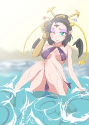 Rule 34 | bikini, blue eyes, blush, demon, demon girl, digimon, digimon (creature), lilithmon, mark of evil, one eye closed, pixiv user (4003402), swimsuit, wings