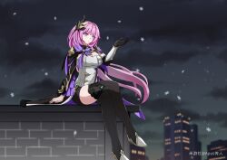 1girl absurdres apus_chuanren black_boots black_gloves black_shorts blue_eyes boots breasts building chinese_commentary cleavage commentary_request crossed_legs elysia_(honkai_impact) elysia_(miss_pink_elf)_(honkai_impact) gloves hair_ornament high_heel_boots high_heels highres honkai_(series) honkai_impact_3rd large_breasts long_hair miyoushe_watermark night night_sky pink_hair rooftop short_shorts shorts single_glove sky skyscraper solo thigh_boots watermark