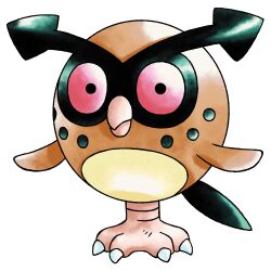 Rule 34 | arrow (symbol), bird, black eyes, black tail, circle facial mark, closed mouth, colored sclera, derivative work, full body, gen 2 pokemon, hoothoot, hoothoot (prototype), long eyebrows, looking at viewer, marking on cheek, nintendo, no humans, official style, owl, pokemon, pokemon (creature), pokemon focus, pokemon gsc (prototype), prototype design, raciebeep, red sclera, simple background, solo, standing, standing on one leg, sugimori ken (style), tachi-e, transparent background, watercolor effect
