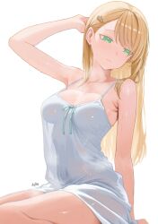 1girl absurdres arm_up armpit_crease averting_eyes bare_arms blonde_hair blush breasts cleavage closed_mouth commentary diptip dress green_eyes highres long_hair medium_breasts navel original see-through_silhouette simple_background sitting sleeveless sleeveless_dress solo white_background white_dress