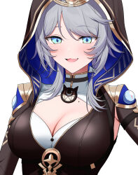 Rule 34 | 1girl, :3, armpit cutout, blue eyes, bow, breasts, cipher (honkai: star rail), cleavage, clothing cutout, collarbone, fang, grey hair, hair bow, highres, honkai: star rail, honkai (series), hood, hood up, kikata (hata nanokana), looking at viewer, medium breasts, mole, mole on collarbone, open mouth, simple background, skin fang, solo, upper body, white background, white bow