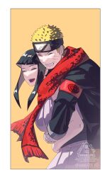 Rule 34 | 1boy, 1girl, black hair, black jacket, blonde hair, border, breasts, closed eyes, couple, cowboy shot, dress, forehead protector, hetero, highres, hyuuga hinata, jacket, large breasts, long hair, naruto: the last, naruto (series), open mouth, orange background, orange pants, pants, parted lips, pink dress, red scarf, scarf, short hair, simple background, smile, sssiii7610, teeth, uzumaki naruto, white border