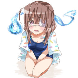 1girl 7cats blue_fire blue_one-piece_swimsuit breasts brown_hair competition_school_swimsuit eyepatch fire heaven_burns_red hiiragi_kozue medium_hair old_school_swimsuit one-piece_swimsuit one_eye_covered purple_eyes school_swimsuit solo swimsuit towel towel_around_neck