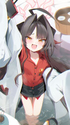 1girl ahoge black_hair black_horns black_shorts black_tail blue_archive coat coat_partially_removed demon_horns demon_tail halo highres horns kasumi_(blue_archive) lab_coat long_tail open_mouth red_halo red_shirt shirt shirt_tucked_in shorts sleeves_past_fingers sleeves_past_wrists tail walkie-talkie white_coat wo_chi_xiangjiao_pi yellow_eyes