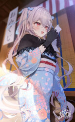 1girl :d black_capelet black_gloves blue_kimono blue_ribbon blurry blurry_background capelet cowboy_shot crossed_bangs floral_print fur_capelet gloves grey_hair hair_between_eyes hair_ornament hair_ribbon hands_up hatsumoude highres holding holding_omikuji holding_paper japanese_clothes kimono lace-trimmed_capelet lace_trim light_blush long_hair looking_ahead multicolored_kimono new_year okanoyuno omikuji open_mouth original paper pink_kimono print_kimono red_eyes ribbon sash short_eyebrows signature smile solo standing sunlight thick_eyebrows twintails very_long_hair white_sash wide_sleeves