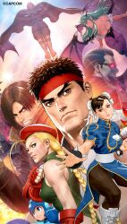 Rule 34 | 3girls, 6+boys, albert wesker, aqua eyes, bat wings, beret, blonde hair, blue eyes, breasts, brown eyes, brown hair, bun cover, cammy white, capcom, cape, chun-li, clenched teeth, company connection, crossover, darkstalkers, demon girl, double bun, dr. wily (mega man), flying, frown, glowing, glowing eyes, green eyes, green hair, grin, hair bun, hair slicked back, hat, head wings, highres, jedah dohma, large breasts, long hair, looking ahead, m. bison, male focus, mega man (character), mega man (classic), mega man (series), mori toshiaki, morrigan aensland, multiple boys, multiple girls, official art, open mouth, parted lips, red hat, resident evil, resident evil 4, ryu (street fighter), second-party source, short hair, sidelocks, smile, street fighter, teeth, watermark, wings