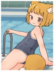 1girl :3 animal_ears arm_support ass black_one-piece_swimsuit black_school_swimsuit blonde_hair blush breasts brown_eyes fence fox_ears fox_girl fox_tail from_behind irohiza loli looking_at_viewer looking_back lying one-piece_swimsuit original pool poolside school_swimsuit short_hair small_breasts smile swimsuit tail tree water