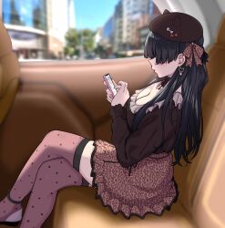 1girl absurdres animal_print black_hair black_hat black_shirt breasts cabin_(aean7232) car_interior cellphone cleavage commentary_request crossed_legs earrings fake_horns hat heart heart_earrings highres holding holding_phone horned_headwear horns idolmaster idolmaster_shiny_colors jewelry leopard_print long_hair looking_at_phone mayuzumi_fuyuko medium_breasts phone polka_dot_thighhighs print_skirt shirt sitting skirt solo