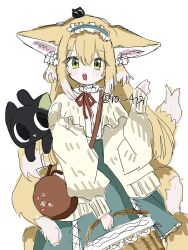 1girl animal_ears arknights basket black_cat blonde_hair cardigan cat crossover fox_ears fox_girl fox_tail frilled_hairband frills green_eyes hairband highres holding holding_basket kitsune kyuubi long_sleeves luo_xiaohei luo_xiaohei_(cat) luo_xiaohei_zhanji multiple_tails neck_ribbon official_alternate_costume open_mouth red_ribbon ribbon roi_423 simple_background sketch skirt suzuran_(arknights) suzuran_(spring_praise)_(arknights) tail white_background yellow_cardigan