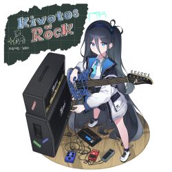 1girl absurdly_long_hair absurdres amplifier aqua_necktie aris_(blue_archive) arona_(blue_archive) audio_cable black_hair black_skirt blue_archive blue_eyes blue_halo chibi chibi_inset collared_shirt commentary_request dress_shirt effects_pedal electric_guitar english_text from_above full_body gradient_hair guitar hair_between_eyes halo highres holding holding_guitar holding_instrument hrna instrument jacket korean_text long_hair long_sidelocks long_sleeves looking_at_viewer mixed-language_text multicolored_hair necktie one_side_up open_clothes open_jacket pleated_skirt rectangular_halo shirt shoes sidelocks simple_background skirt solo speaker translation_request very_long_hair white_background white_jacket white_shirt white_shoes