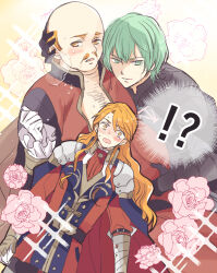 Rule 34 | !?, 3boys, balding, closed mouth, couple, facial hair, ferdinand von aegir, ferdinand von aegir (timeskip), fire emblem, looking at viewer, ludwig von aegir, male byleth (fire emblem), mature male, multiple boys, mustache, nintendo, orange hair, tenjin (ahan), yaoi