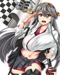 1girl black_hair bouncing_breasts breasts checkered_flag flag hair_ornament hairband hairclip haruna_(kancolle) haruna_(race_queen)_(kancolle) kantai_collection large_breasts looking_at_viewer militia_minpei miniskirt navel open_mouth salute skirt smile solo umbrella yellow_eyes