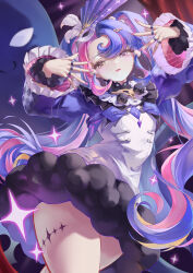 1girl absurdres black_collar chigusa7h collar commentary cowboy_shot dress eye_mask fur-trimmed_dress fur_trim hands_up heterochromia highres key_hair_ornament long_hair looking_at_viewer mask mask_on_head multicolored_hair nail_polish parted_lips pero_(wuthering_waves) pink_eyes pink_hair pink_nails purple_hair purple_shrug roccia_(wuthering_waves) short_dress solo symbol-shaped_pupils tacet_mark_(wuthering_waves) two-tone_hair very_long_hair white_dress wuthering_waves x-shaped_pupils yellow_eyes