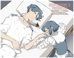 1boy 1girl bed blue_hair breasts closed_eyes collared_shirt crying english_text frilled_shirt frills fukurai_azami hand_on_another&#039;s_face highres looking_at_another lying meguriya_ayumu nogizi on_back on_bed pants pillow shirt short_hair sleeping smile tears toshi_densetsu_kaitai_center triangle_necklace twitter_username upper_body white_pants white_shirt wiping_tears yellow_eyes