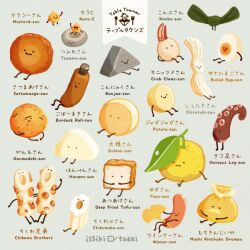 artist_name banana bread bread_slice closed_eyes egg_(food) english_text food food_art food_focus fried_egg fruit grey_background issiki_toaki leaf lemon no_humans oden orange_(fruit) original shrimp simple_background